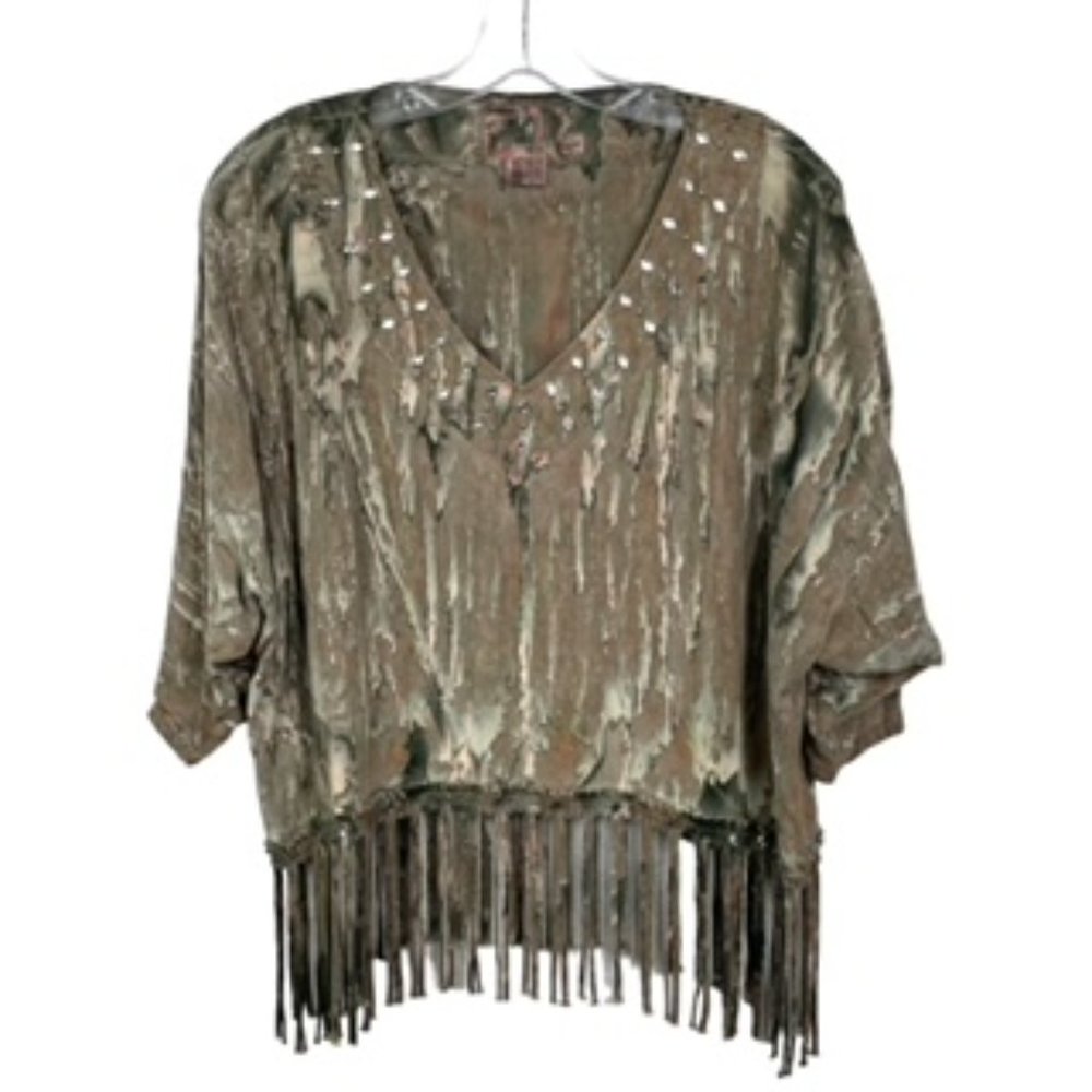 Vintage Risky S Tie Dye Jeweled Top Fringe Hem Oversized Batwing Sleeve Y2K